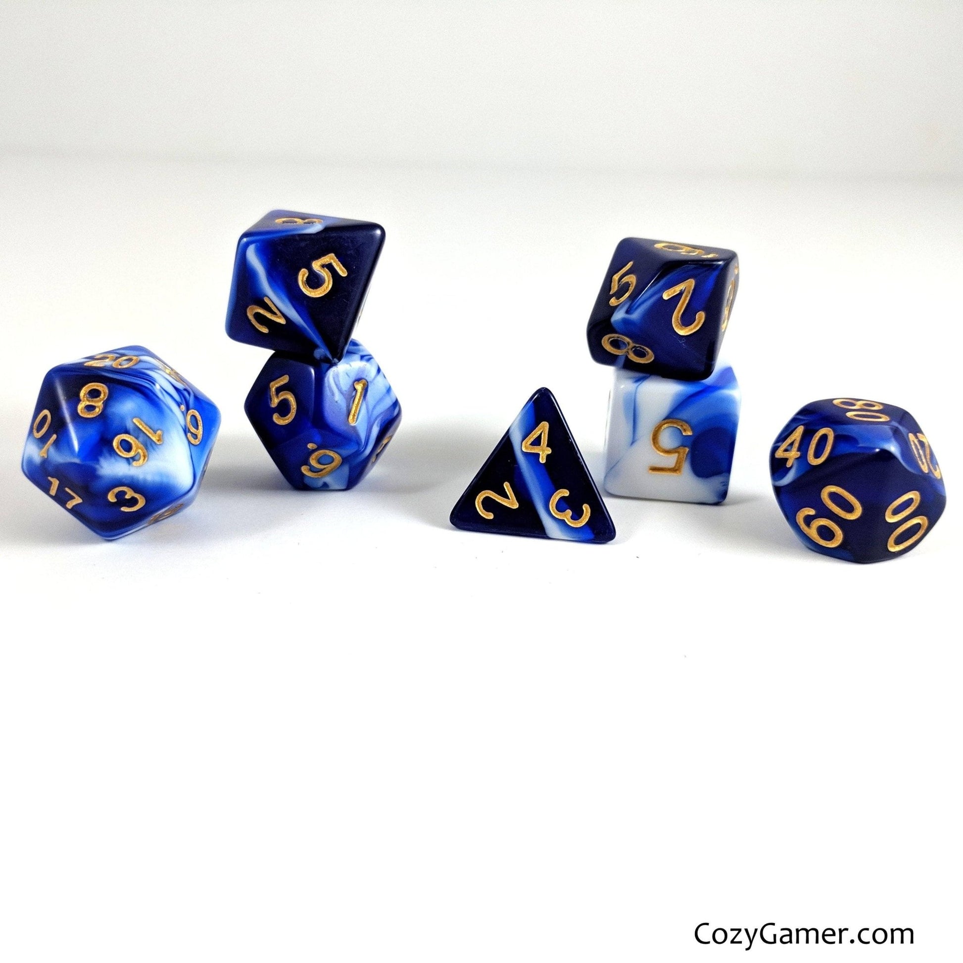 Force Field Dice Set – 7-Piece Blue White Opaque Marbled Acrylic DnD Dice Dice sets Fennek and Finch
