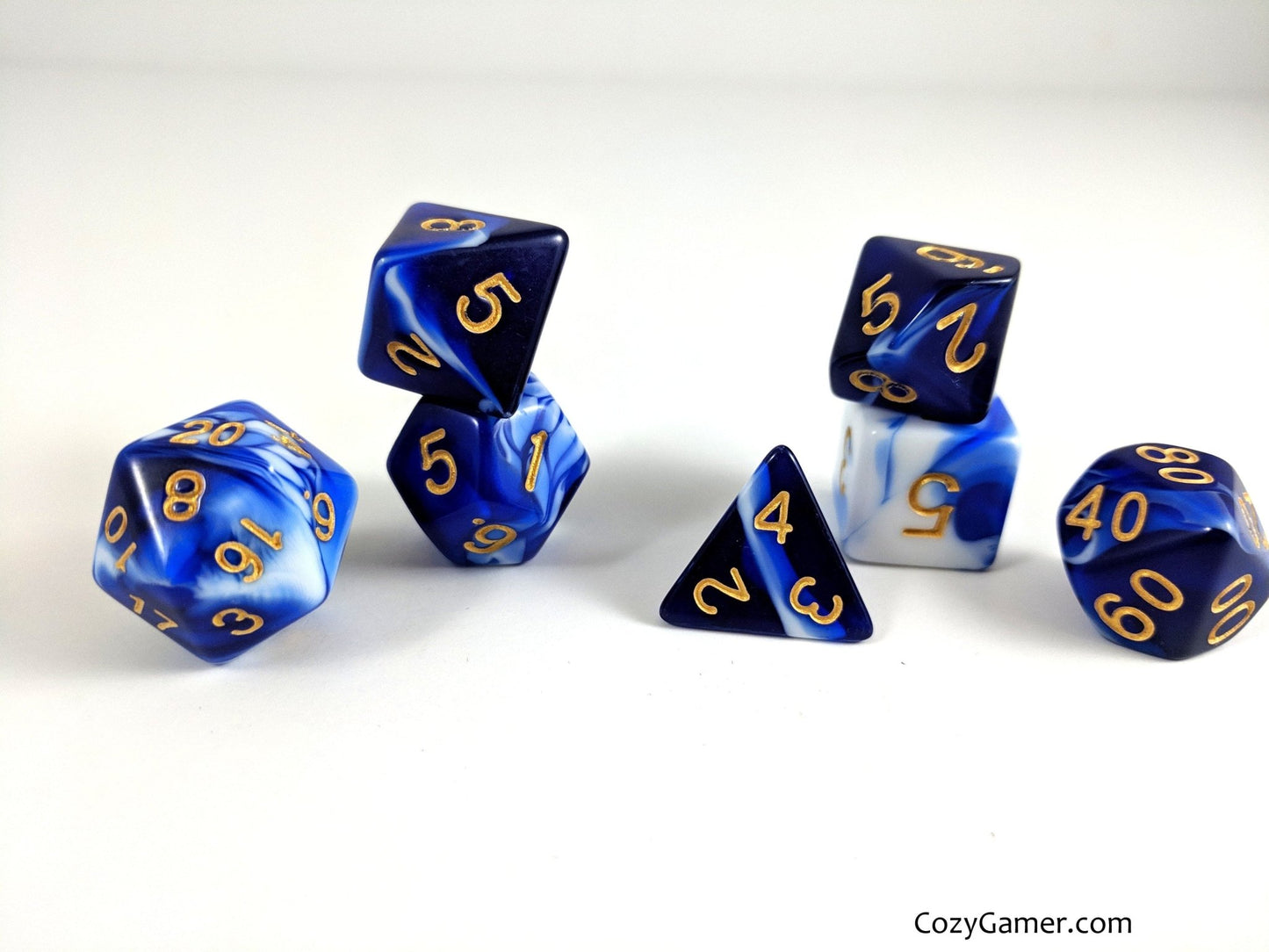 Force Field Dice Set – 7-Piece Blue White Opaque Marbled Acrylic DnD Dice Dice sets Fennek and Finch