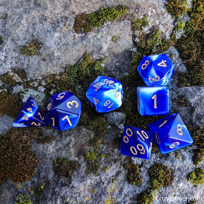 Force Field Dice Set – 7-Piece Blue White Opaque Marbled Acrylic DnD Dice Dice sets Fennek and Finch