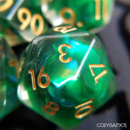 Forest Glint Dice Set – 7-Piece Clear Resin Green Iridescent Hexagon Glitter DnD Dice Sets & Games Fennek and Finch