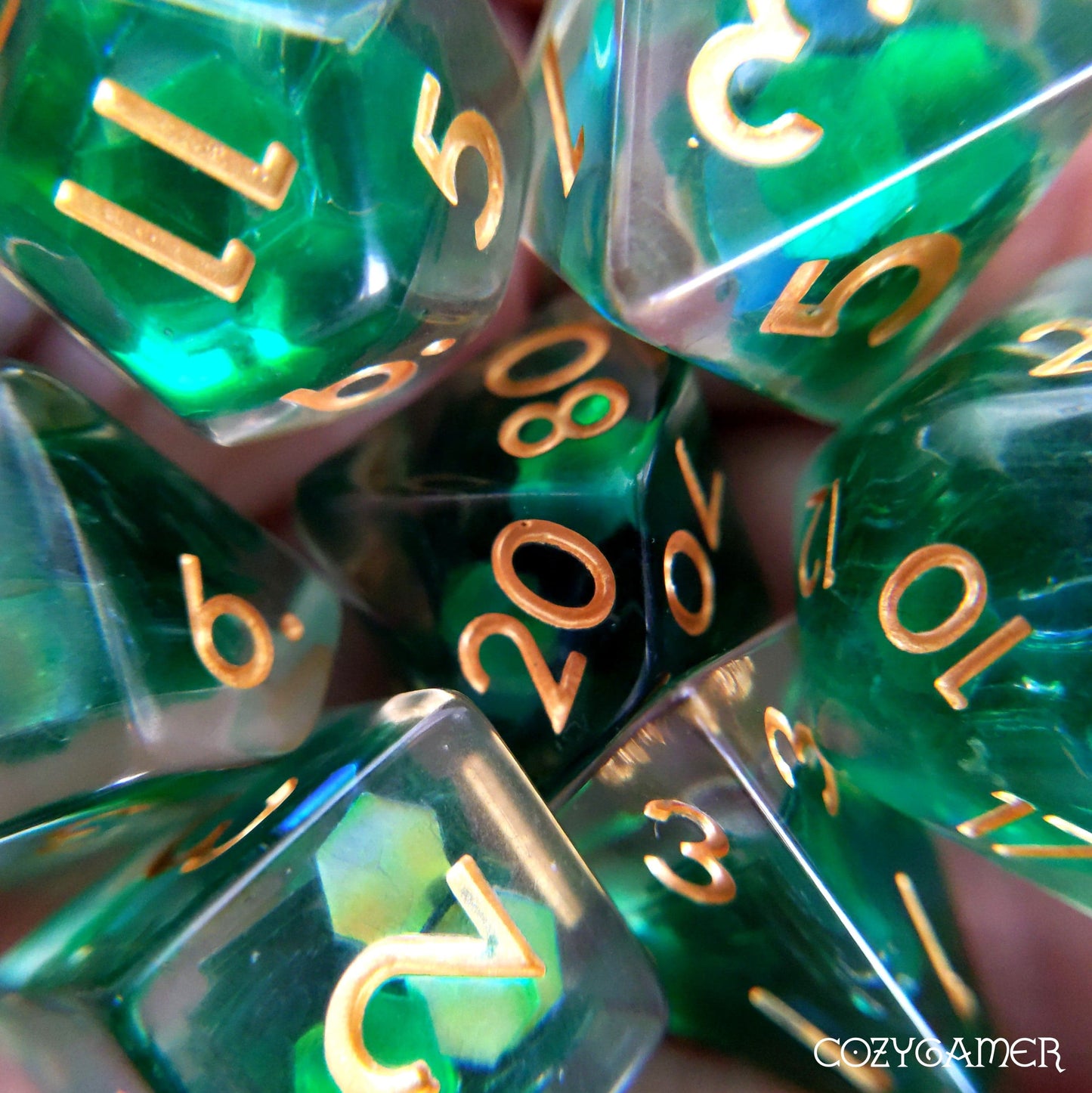 Forest Glint Dice Set. Clear Resin with Green Glitter