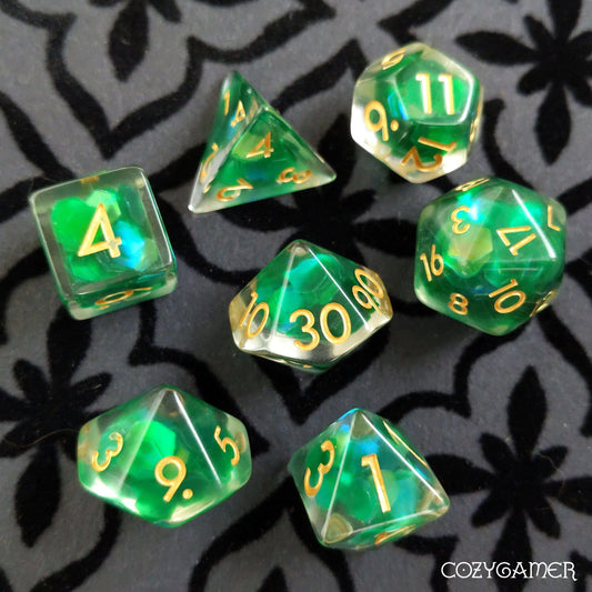 Forest Glint Dice Set. Clear Resin with Green Glitter