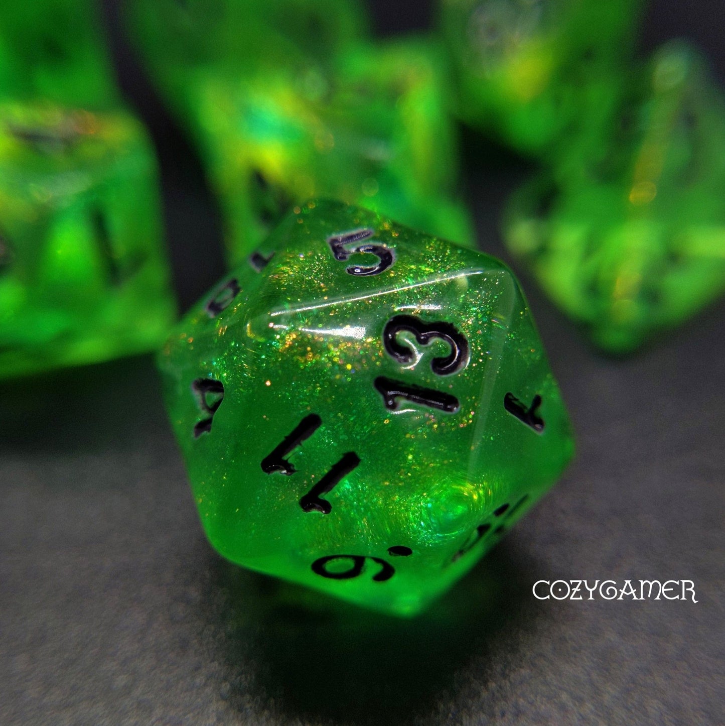 Forest Green Will O Wisp Dice Set. Glitter TTRPG Dice - Fennek and Finch