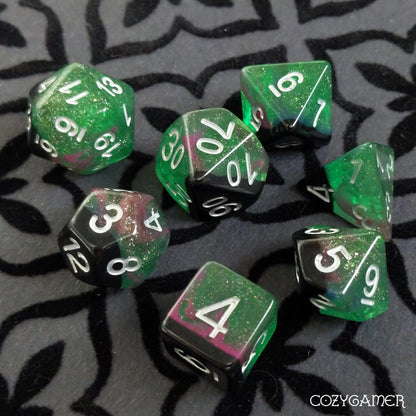 Forest Lights Dice Set. Clear Green Resin with Glitter and Pink Accents Dice Sets & Games Fennek and Finch