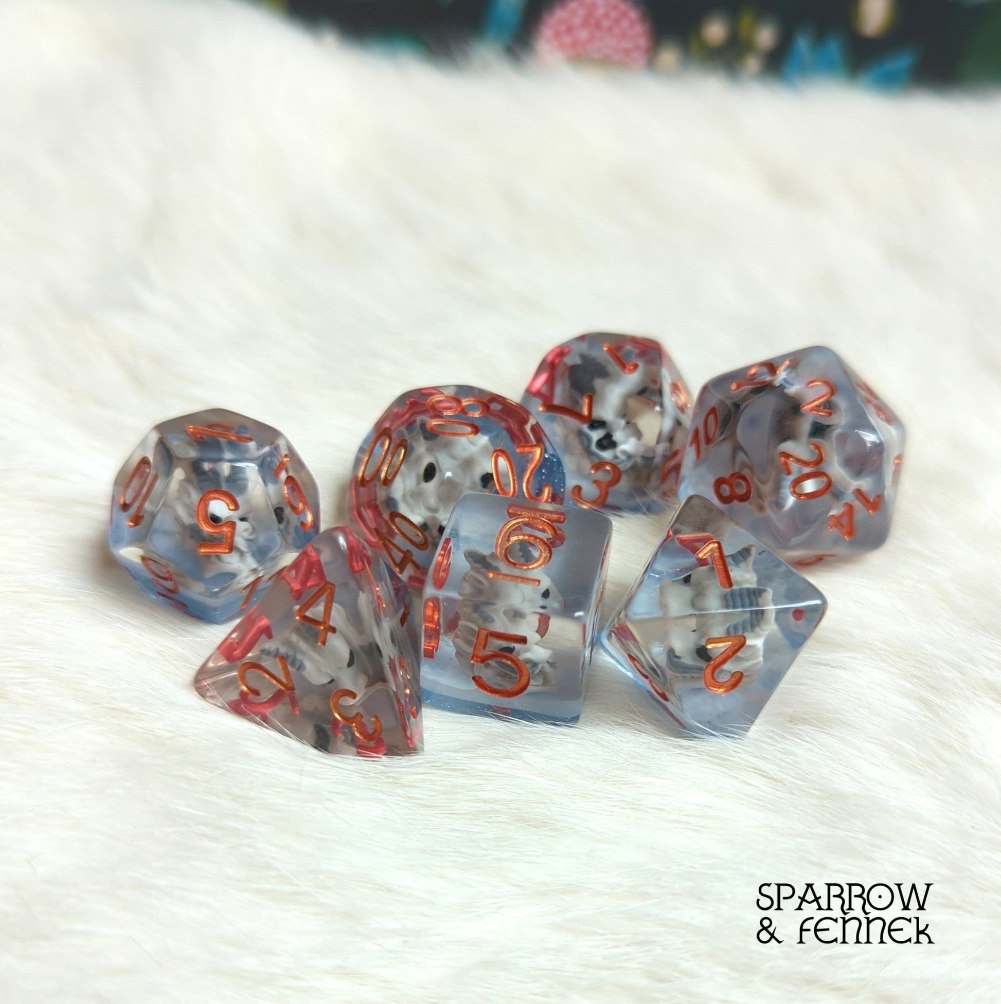 Frost Dragon Dice Set – 7 - Piece Translucent Blue Dragon Skull DnD Dice - Fennek and Finch