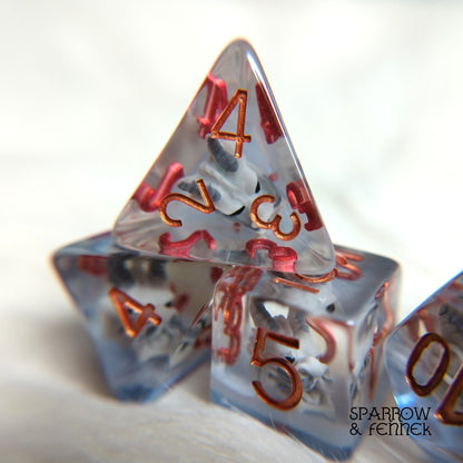 Frost Dragon Dice Set – 7 - Piece Translucent Blue Dragon Skull DnD Dice - Fennek and Finch