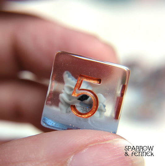 Frost Dragon Dice Set – 7 - Piece Translucent Blue Dragon Skull DnD Dice - Fennek and Finch