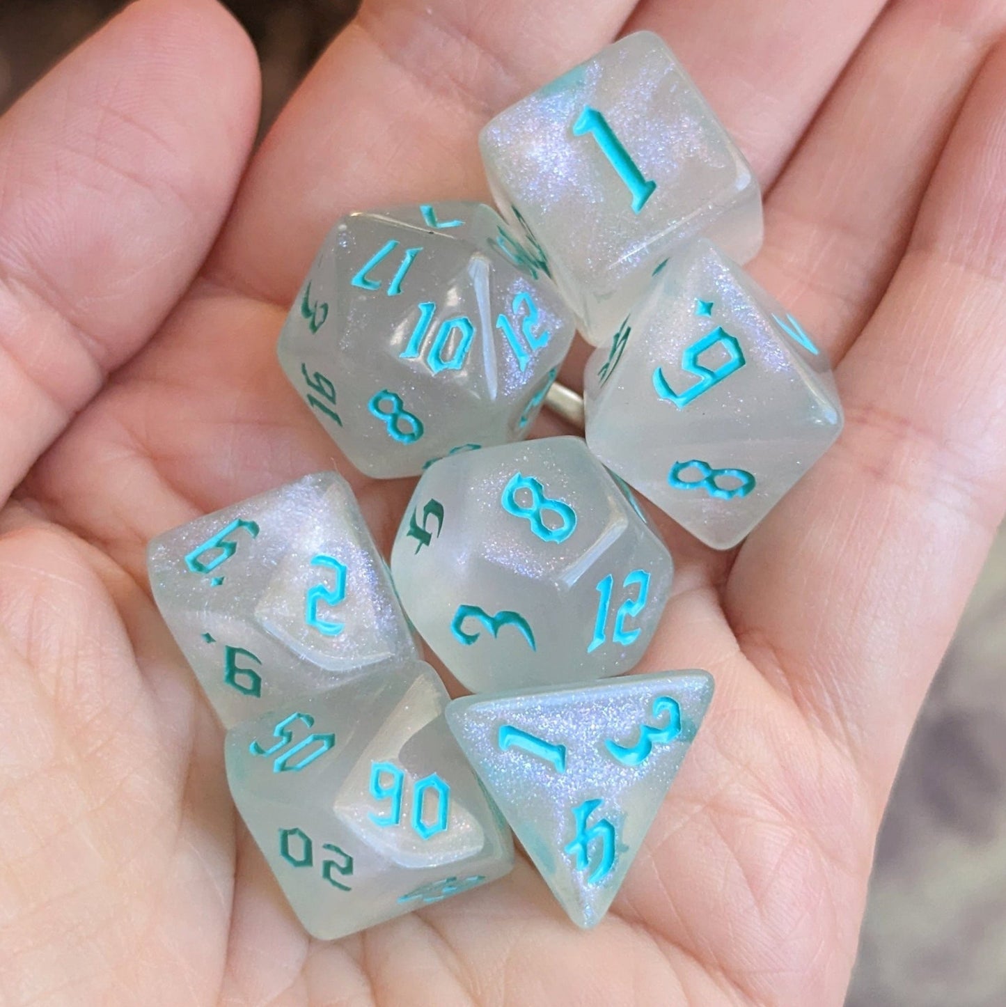 Frozen DND Dice Set – 7 - Piece Ice Blue White DnD Dice - Fennek and Finch