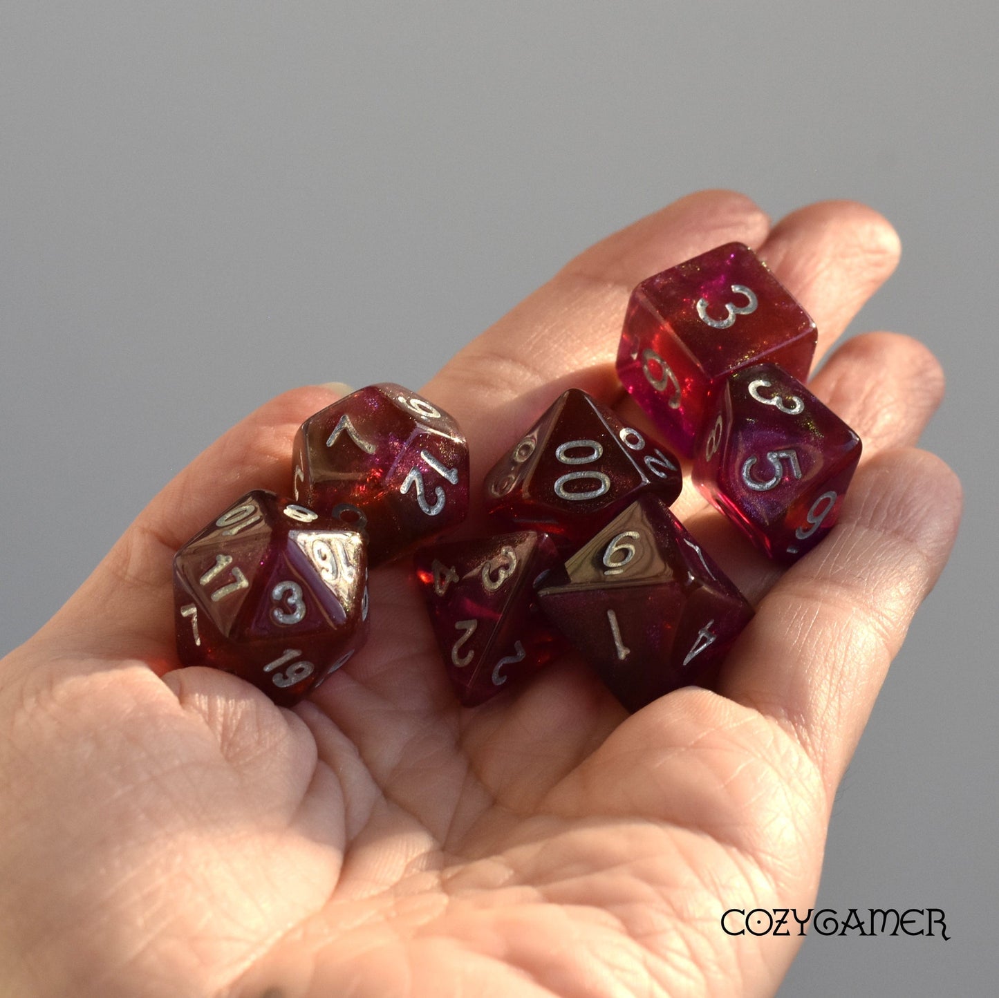 Fuchsia Will O Wisp Dice Set. Glitter TTRPG Dice