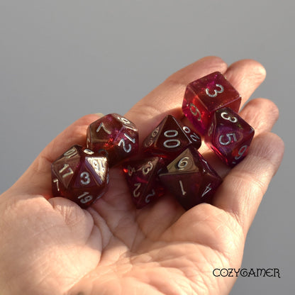 Fuchsia Will O Wisp Dice Set. Glitter TTRPG Dice Dice Sets & Games Fennek and Finch