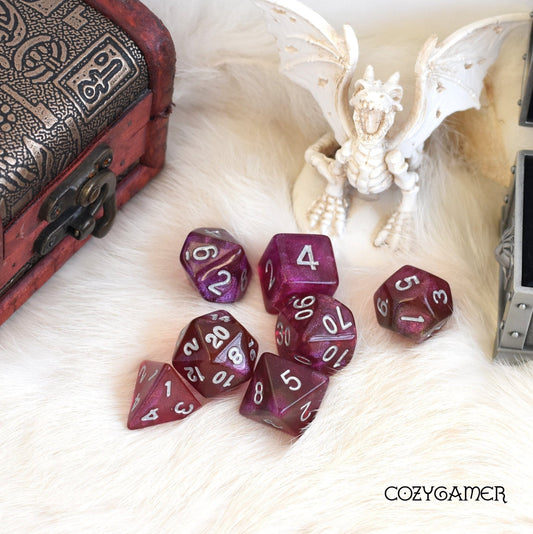 Fuchsia Will O Wisp Dice Set. Glitter TTRPG Dice - Fennek and Finch