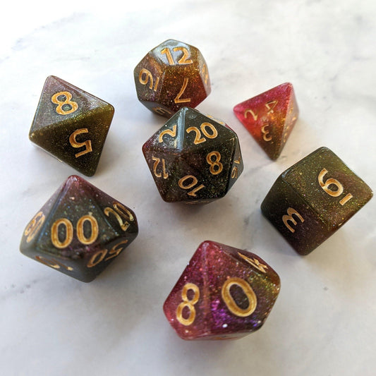 Galaxy Rose Dice Set – 7 - Piece Pink Green Marbled Micro Shimmer DnD Dice - Fennek and Finch