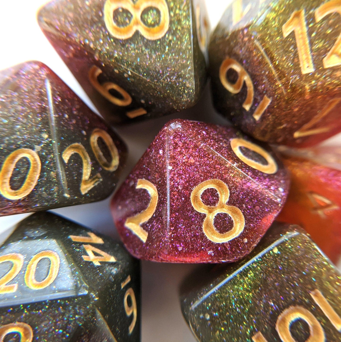 Galaxy Rose Dice Set. Pink and Green Marbled Micro Shimmer - CozyGamer