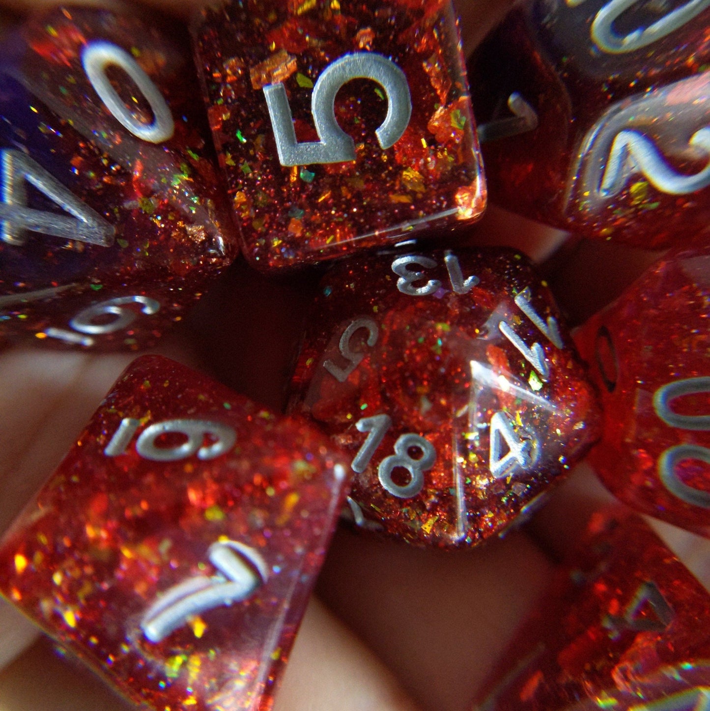 Gambit Dice Set – 7 - Piece Red Purple Opal Flakes Gold Foil Risk Taker DnD - Fennek and Finch