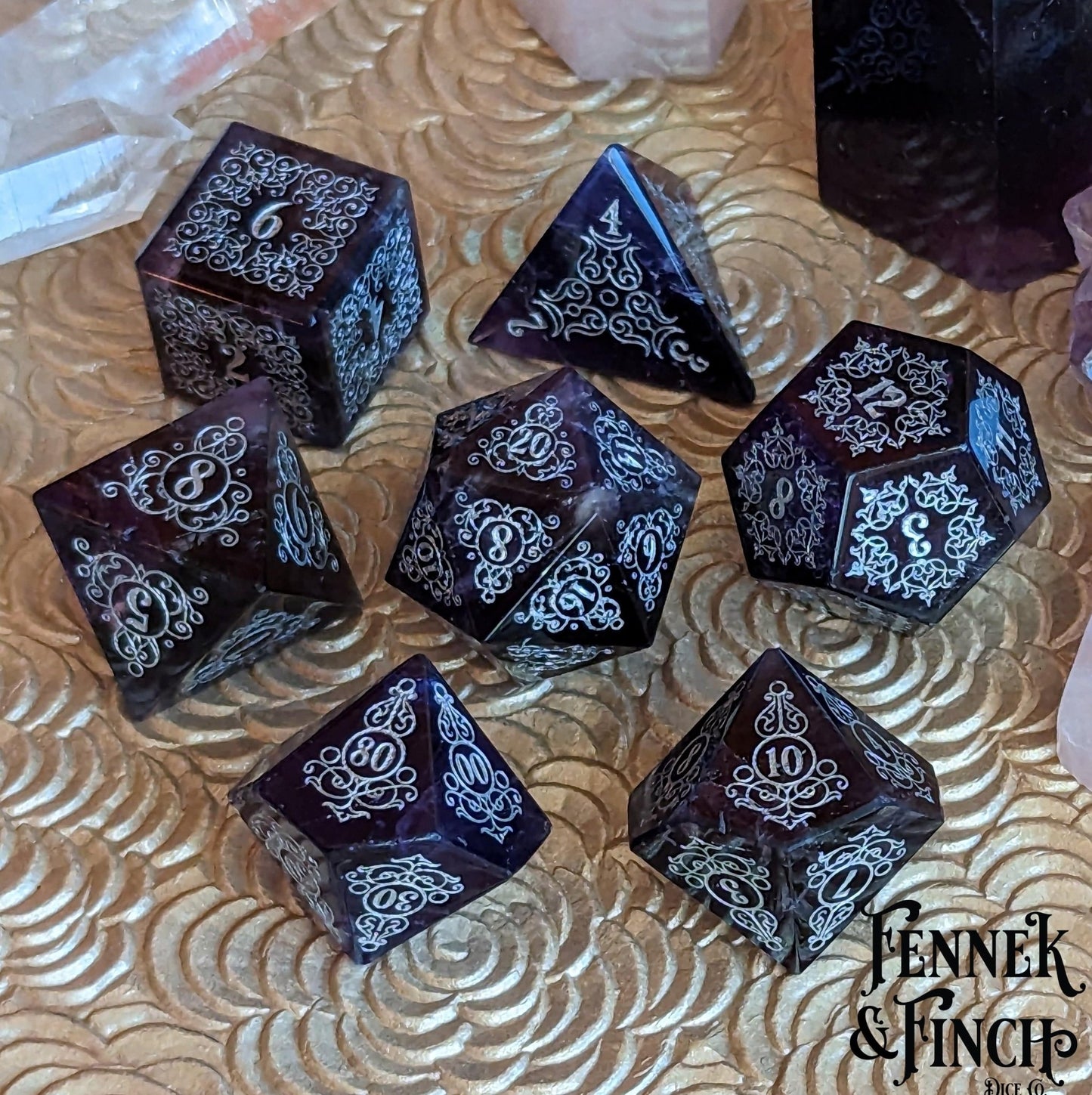 Garden Gate Amethyst Gemstone Dice Set – 7 - Piece DnD Dice | Fennek & Finch - Fennek and Finch