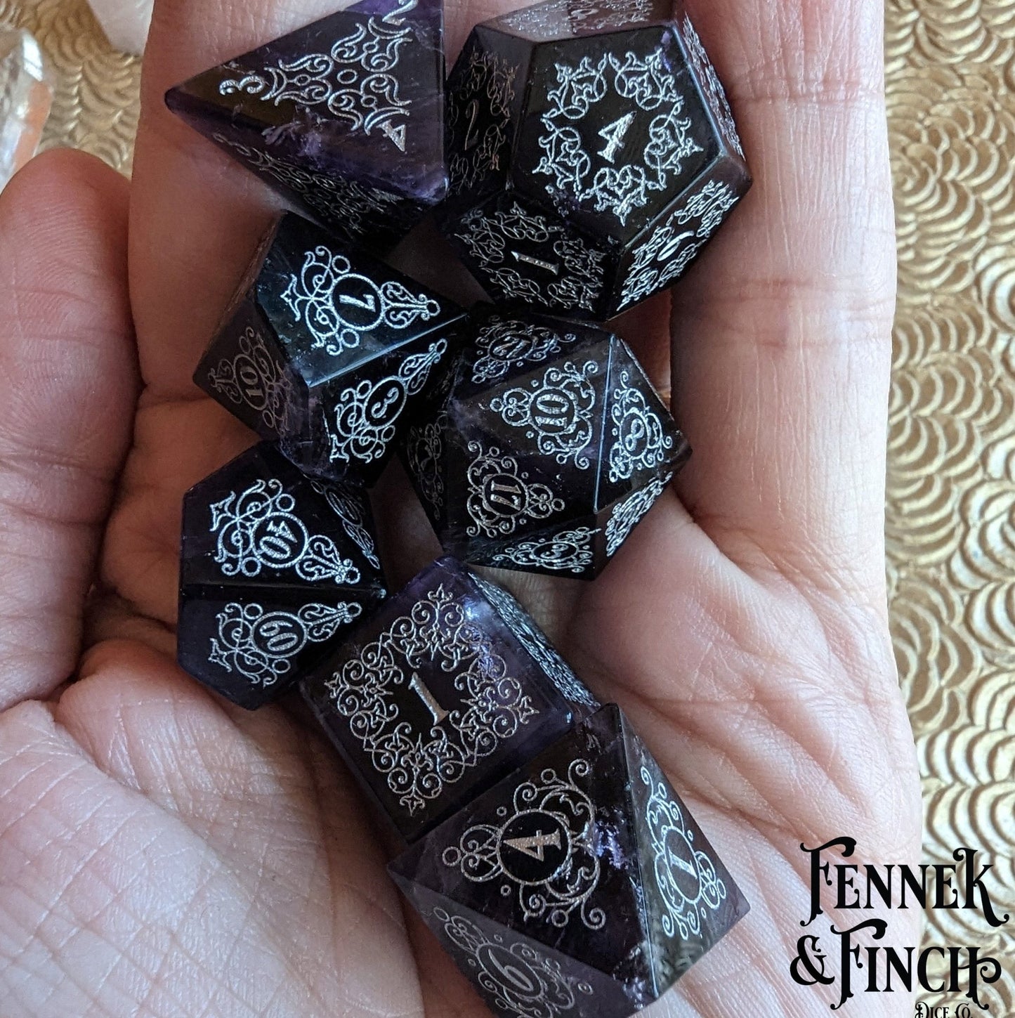 Garden Gate Amethyst Gemstone Dice Set – 7 - Piece DnD Dice | Fennek & Finch - Fennek and Finch