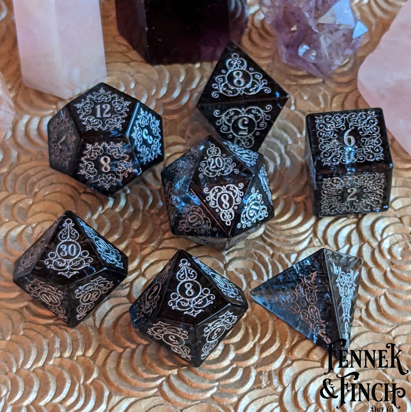 Garden Gate Black Crackled Glass Gemstone Dice Set.