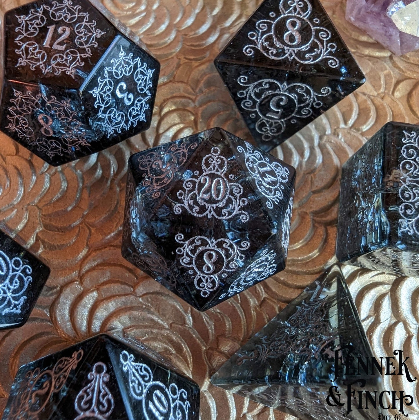 Garden Gate Black Crackled Glass Gemstone Dice Set.