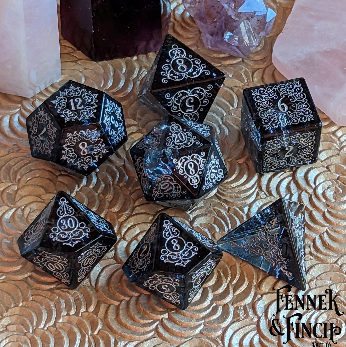 Garden Gate Black Crackled Glass Gemstone Dice Set.