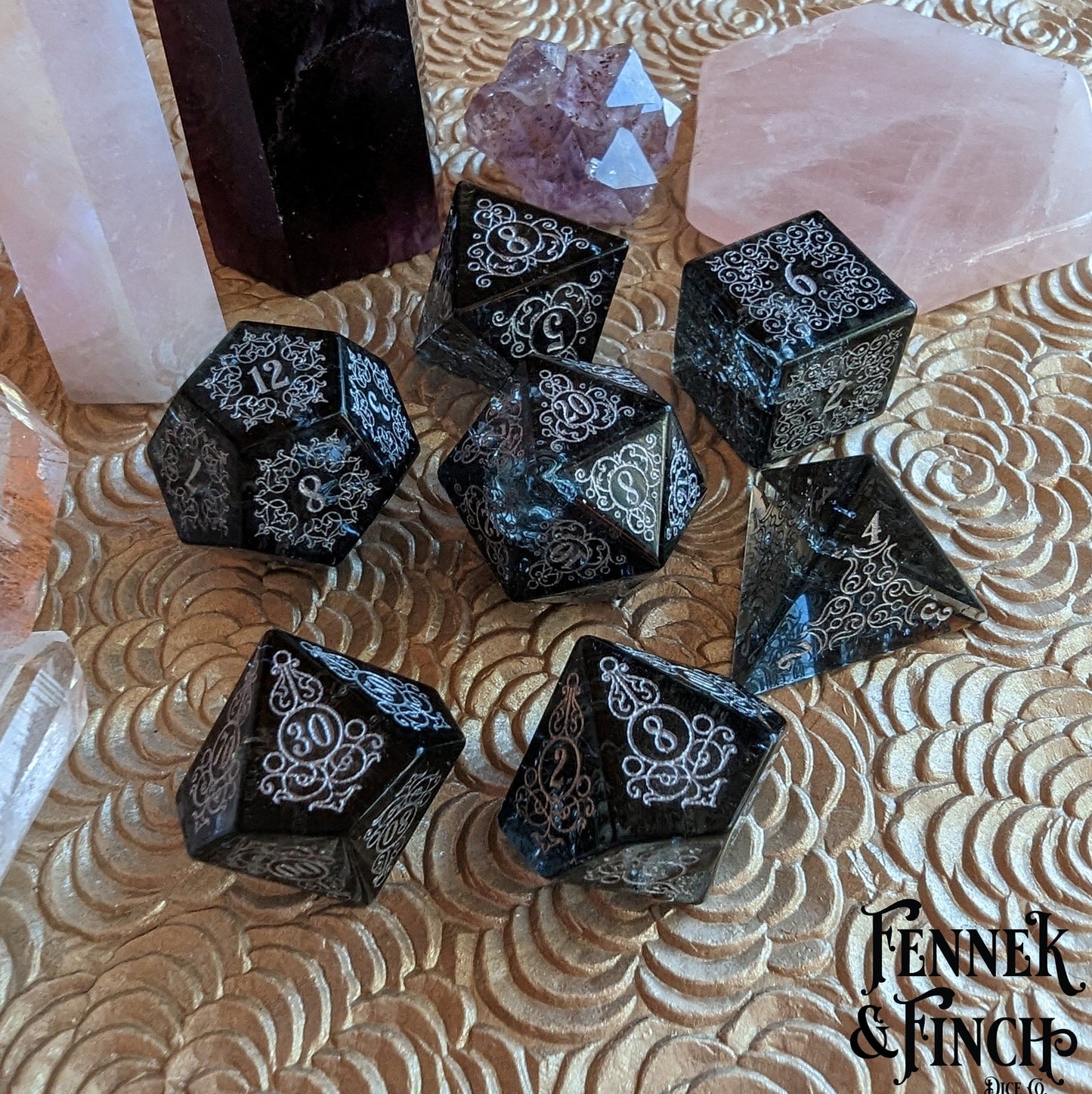 Garden Gate Black Crackled Glass Gemstone Dice Set.