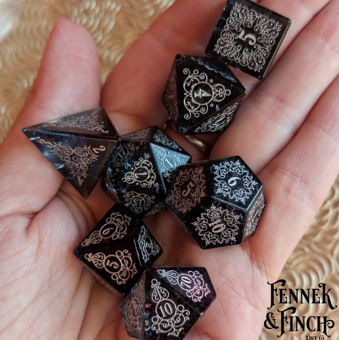 Garden Gate Black Crackled Glass Gemstone Dice Set.