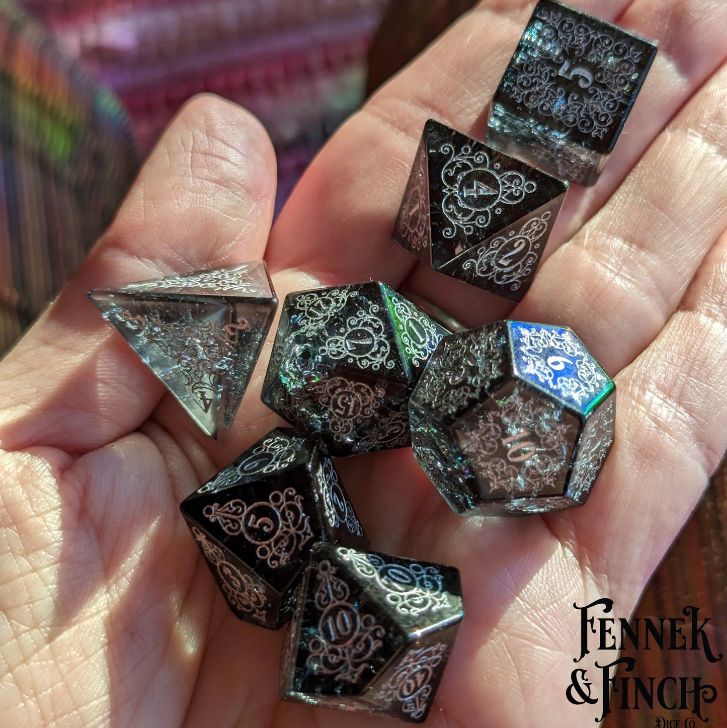 Garden Gate Black Crackled Glass Gemstone Dice Set.