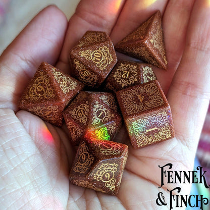 Garden Gate Goldstone Gemstone Dice Set – 7-Piece DnD Dice | Fennek & Finch Dice Sets & Games Fennek and Finch