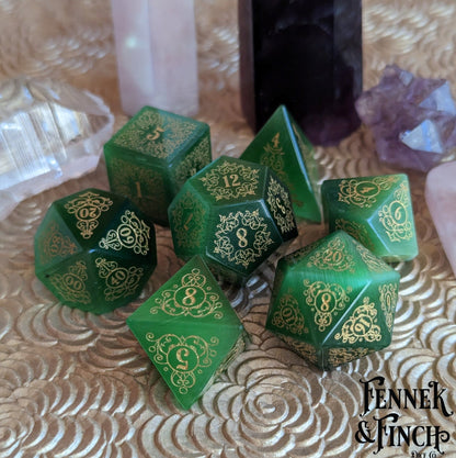 Garden Gate Green Cats Eye Gemstone Dice Set. Dice Sets & Games Fennek and Finch