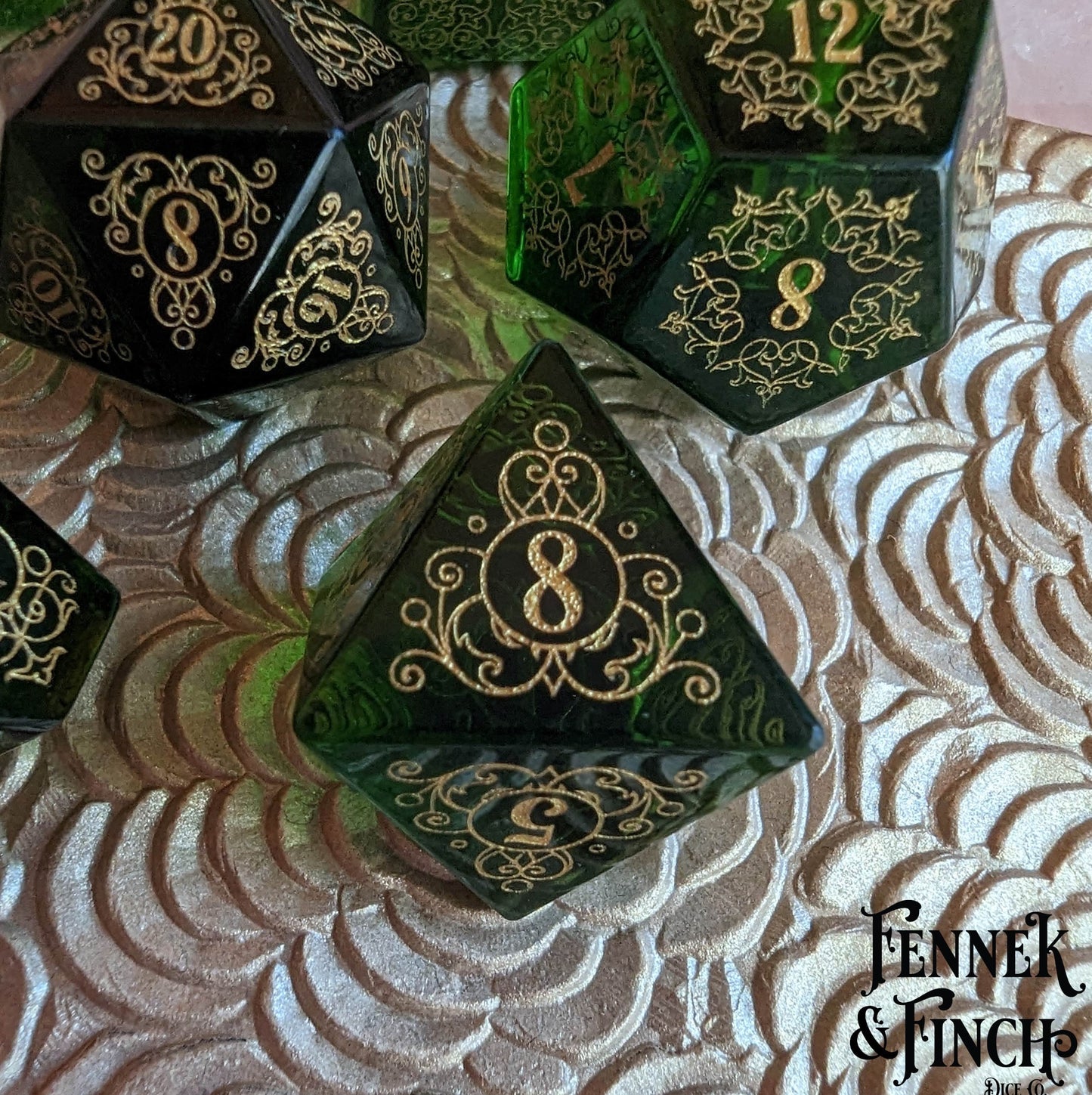 Garden Gate Green Glass Gemstone Dice Set.