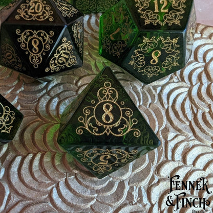 Garden Gate Green Glass Gemstone Dice Set – 7 - Piece DnD Dice | Fennek & Finch - Fennek and Finch
