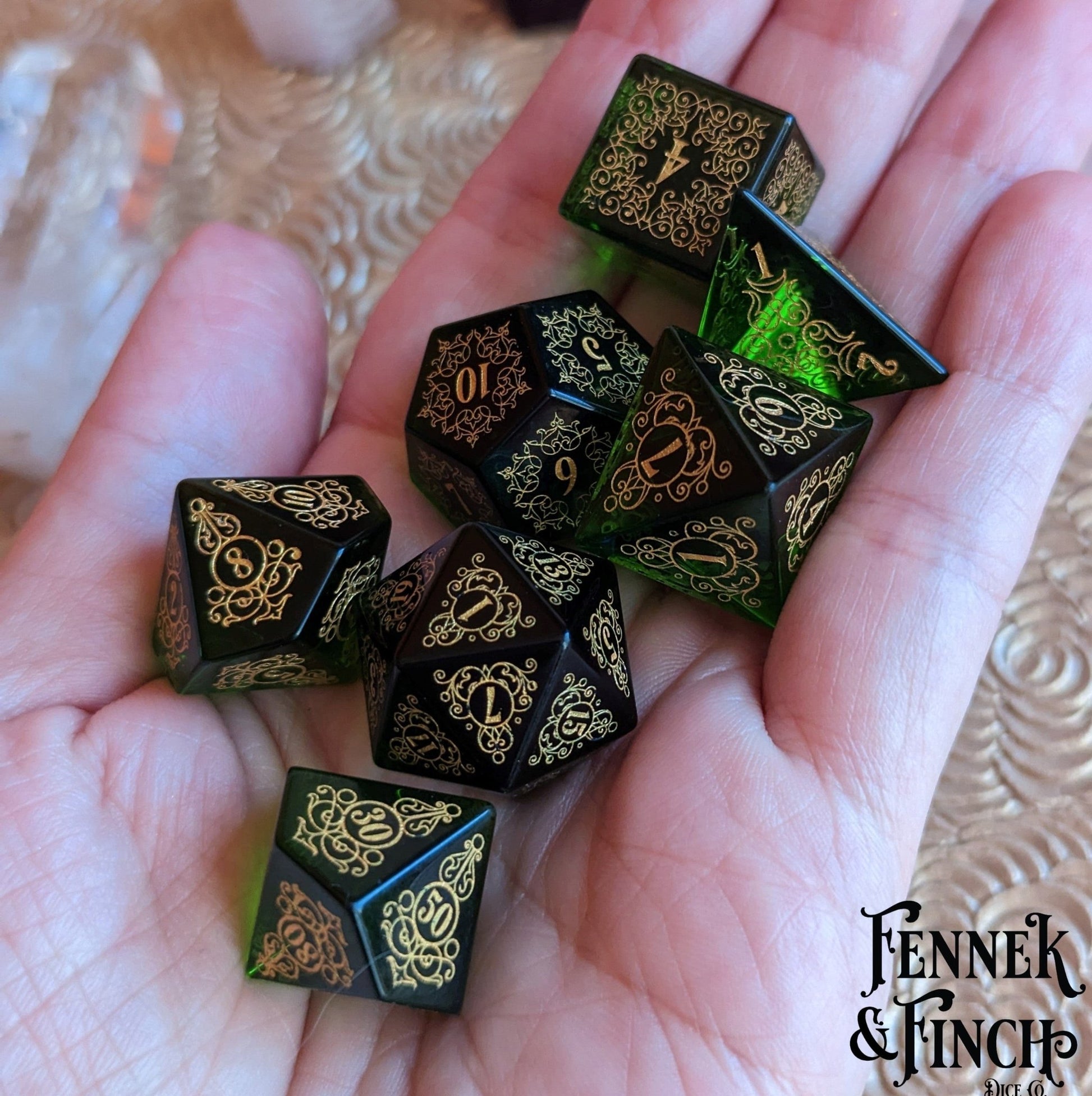Garden Gate Green Glass Gemstone Dice Set – 7 - Piece DnD Dice | Fennek & Finch - Fennek and Finch