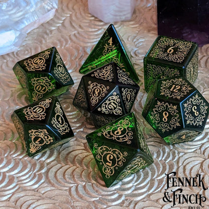 Garden Gate Green Glass Gemstone Dice Set – 7 - Piece DnD Dice | Fennek & Finch - Fennek and Finch