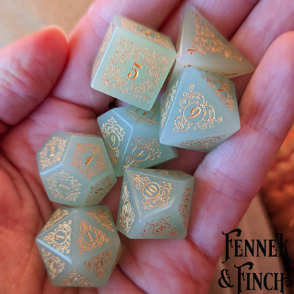 Garden Gate Milky Green Glass Gemstone Dice Set – 7-Piece DnD Dice | Fennek & Finch Dice Sets & Games Fennek and Finch