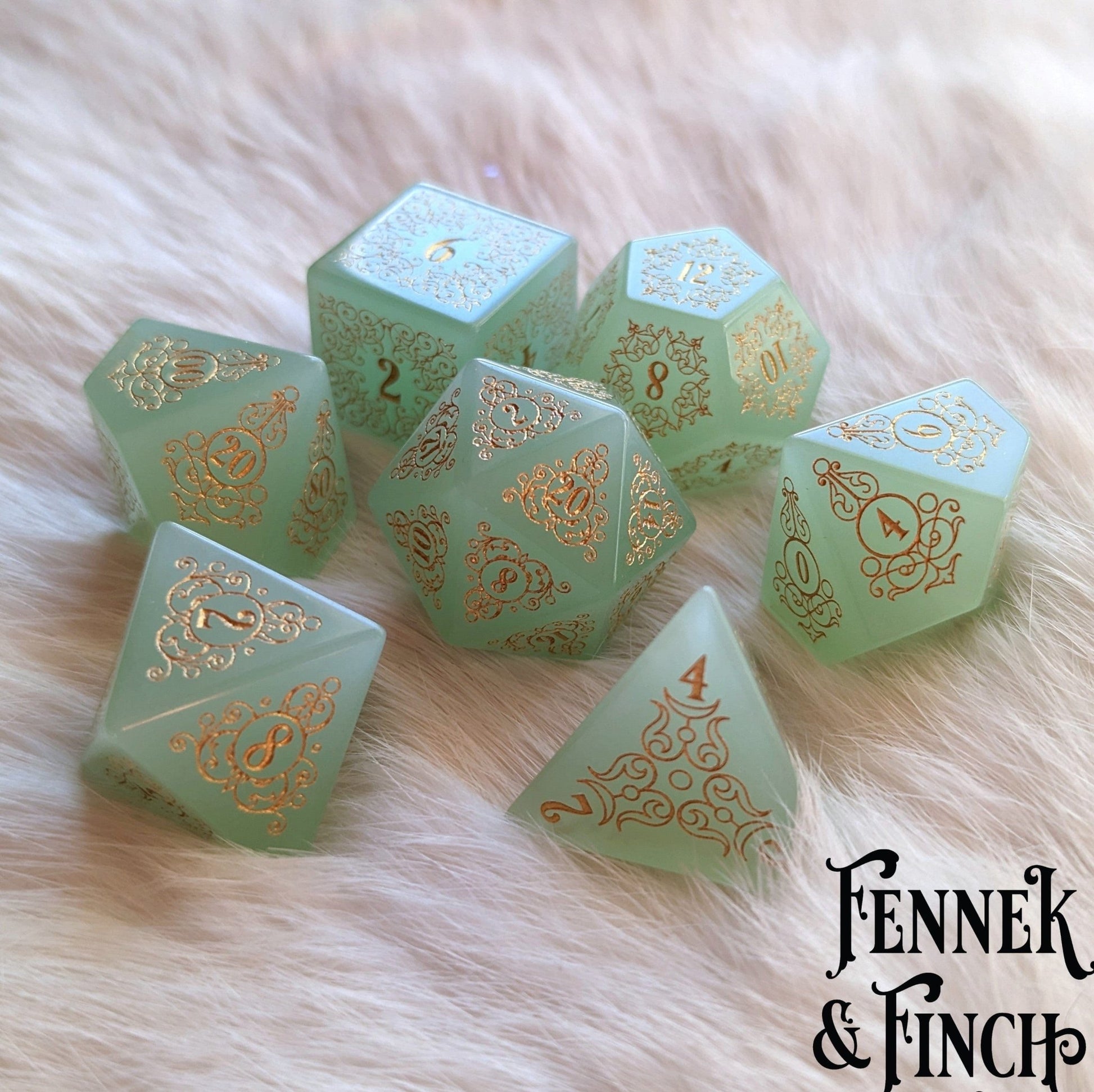 Garden Gate Milky Green Glass Gemstone Dice Set – 7-Piece DnD Dice | Fennek & Finch Dice Sets & Games Fennek and Finch