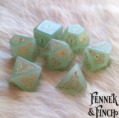 Garden Gate Milky Green Glass Gemstone Dice Set – 7-Piece DnD Dice | Fennek & Finch Dice Sets & Games Fennek and Finch