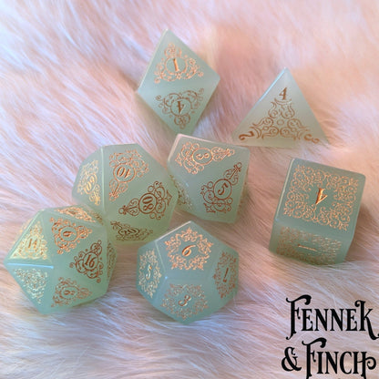 Garden Gate Milky Green Glass Gemstone Dice Set – 7-Piece DnD Dice | Fennek & Finch Dice Sets & Games Fennek and Finch