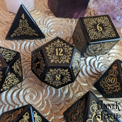 Garden Gate Obsidian Gemstone Dice Set – 7 - Piece DnD Dice | Fennek & Finch - Fennek and Finch