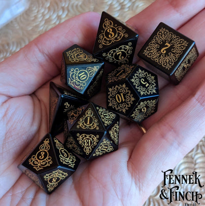 Garden Gate Obsidian Gemstone Dice Set – 7 - Piece DnD Dice | Fennek & Finch - Fennek and Finch