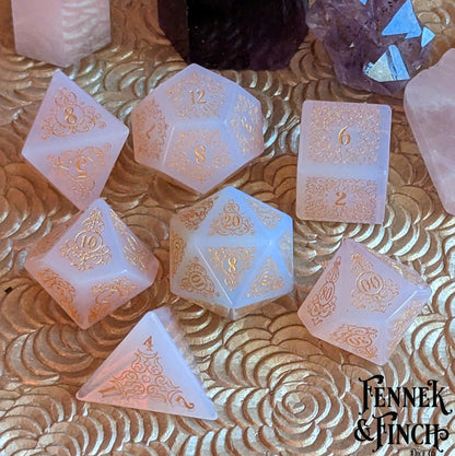 Garden Gate Pink Opalite Gemstone Dice Set – 7-Piece DnD Dice | Fennek & Finch Dice Sets & Games Fennek and Finch