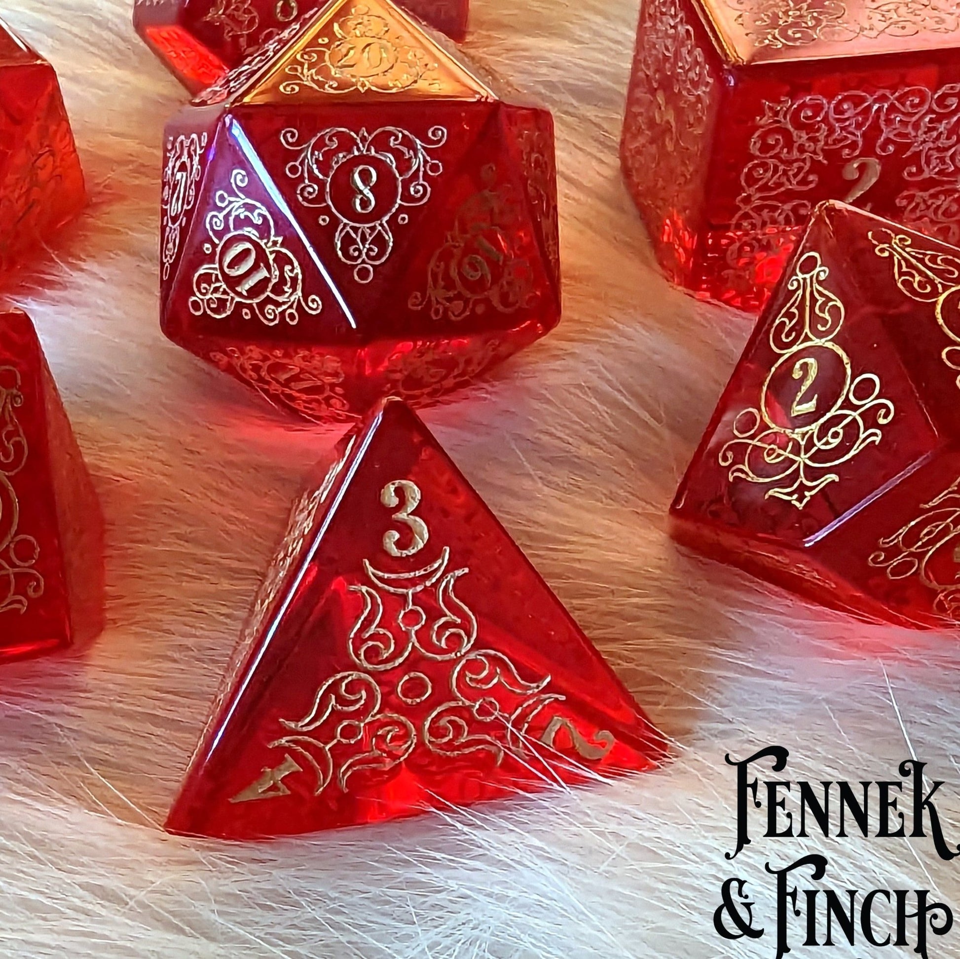 Garden Gate Red Glass Gemstone Dice Set – 7 - Piece DnD Dice | Fennek & Finch - Fennek and Finch