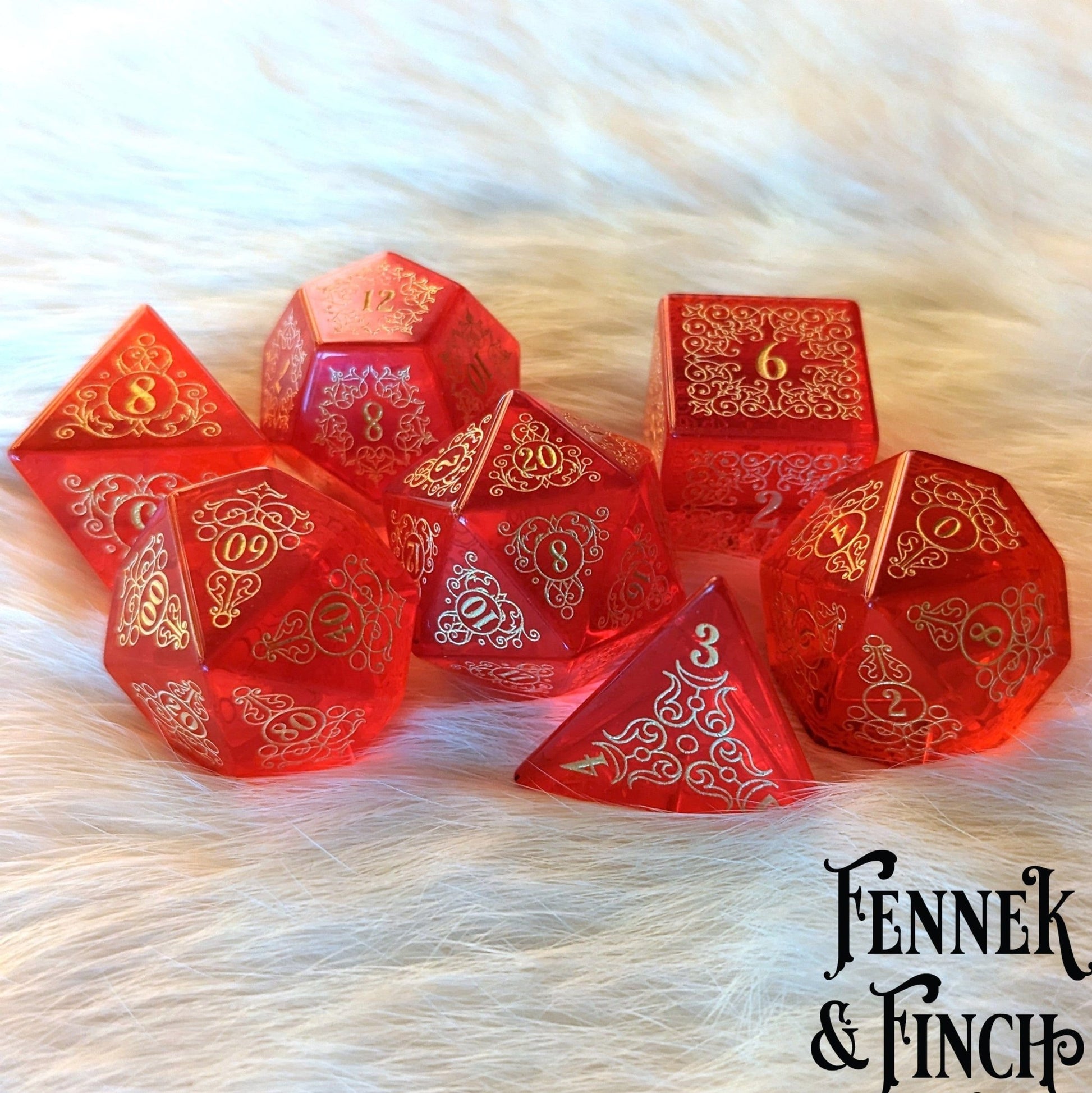 Garden Gate Red Glass Gemstone Dice Set – 7 - Piece DnD Dice | Fennek & Finch - Fennek and Finch