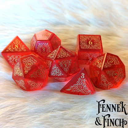 Garden Gate Red Glass Gemstone Dice Set – 7 - Piece DnD Dice | Fennek & Finch - Fennek and Finch