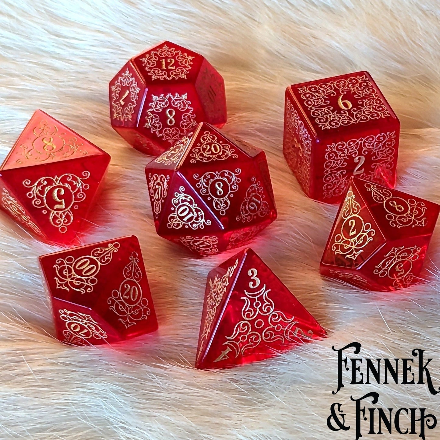 Garden Gate Red Glass Gemstone Dice Set – 7 - Piece DnD Dice | Fennek & Finch - Fennek and Finch