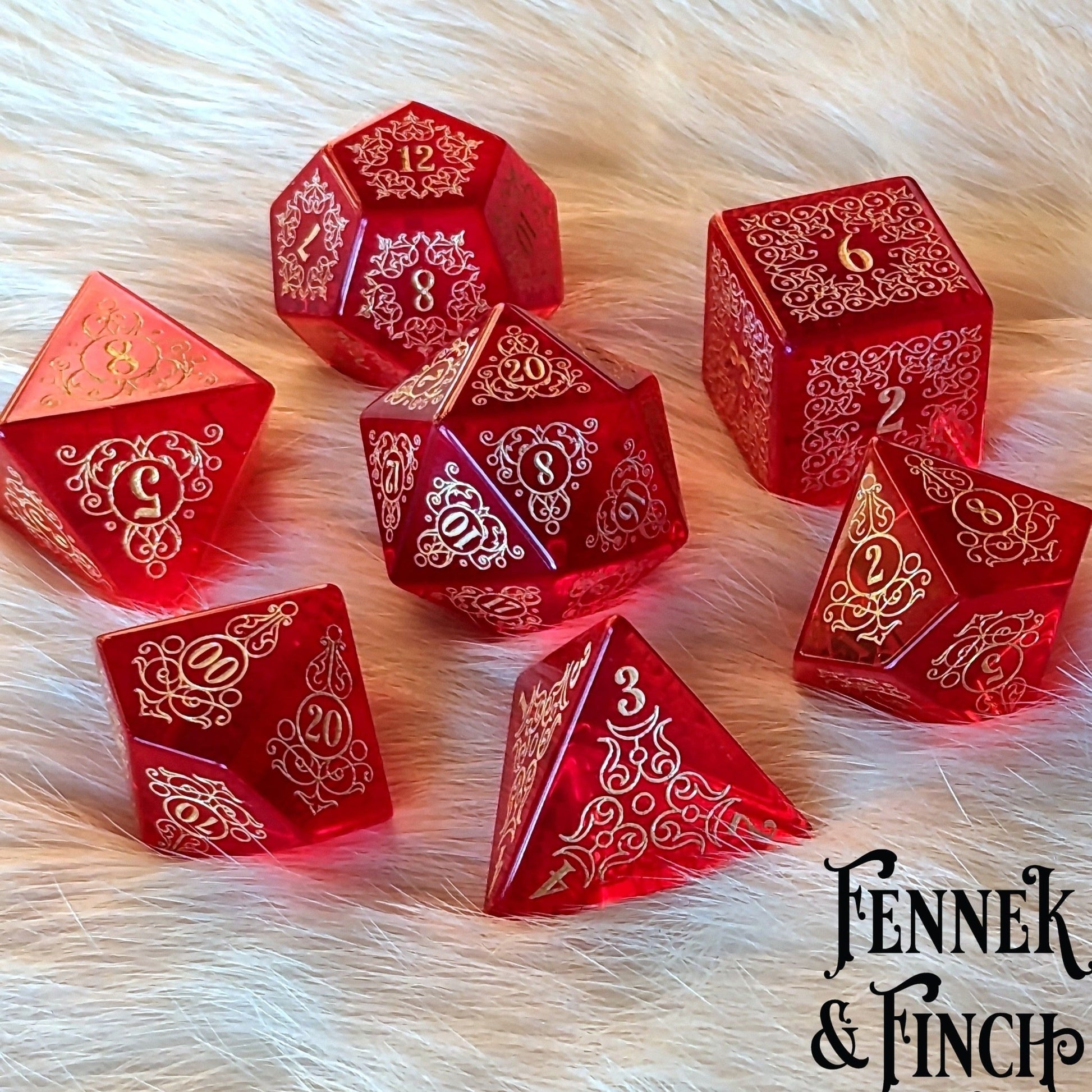 Garden Gate Red Glass Gemstone Dice Set – 7 - Piece DnD Dice | Fennek & Finch - Fennek and Finch