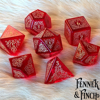 Garden Gate Red Glass Gemstone Dice Set – 7 - Piece DnD Dice | Fennek & Finch - Fennek and Finch