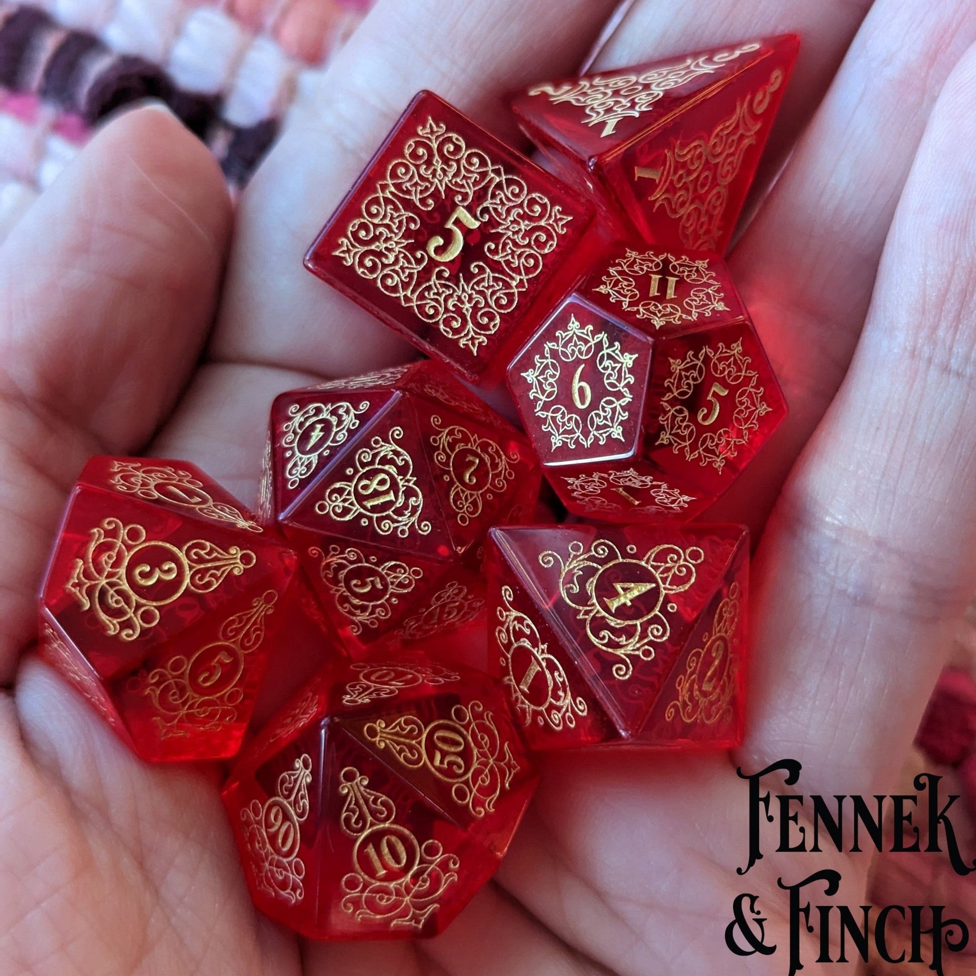 Garden Gate Red Glass Gemstone Dice Set – 7 - Piece DnD Dice | Fennek & Finch - Fennek and Finch