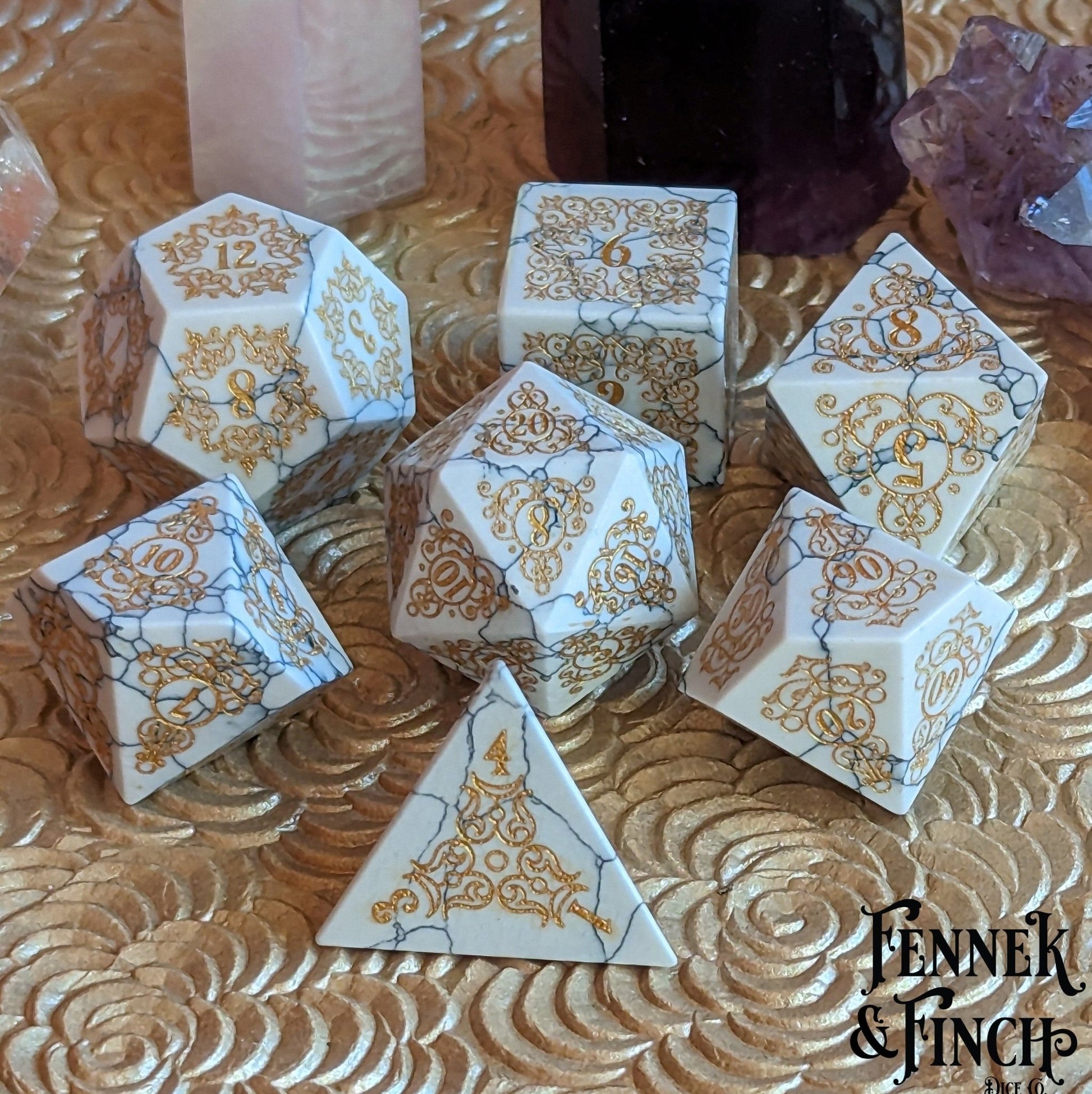 Garden Gate White Howlite Gemstone Dice Set – 7-Piece DnD Dice | Fennek & Finch Dice Sets & Games Fennek and Finch