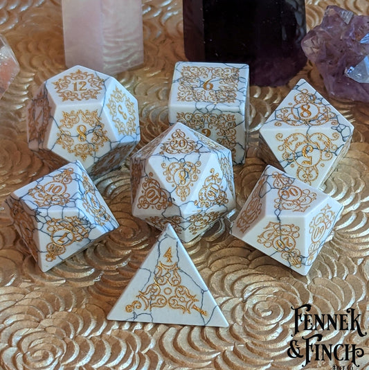Garden Gate White Howlite Gemstone Dice Set – 7 - Piece DnD Dice | Fennek & Finch - Fennek and Finch
