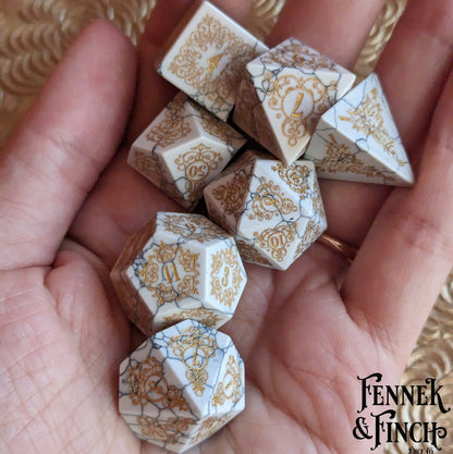 Garden Gate White Howlite Gemstone Dice Set – 7-Piece DnD Dice | Fennek & Finch Dice Sets & Games Fennek and Finch