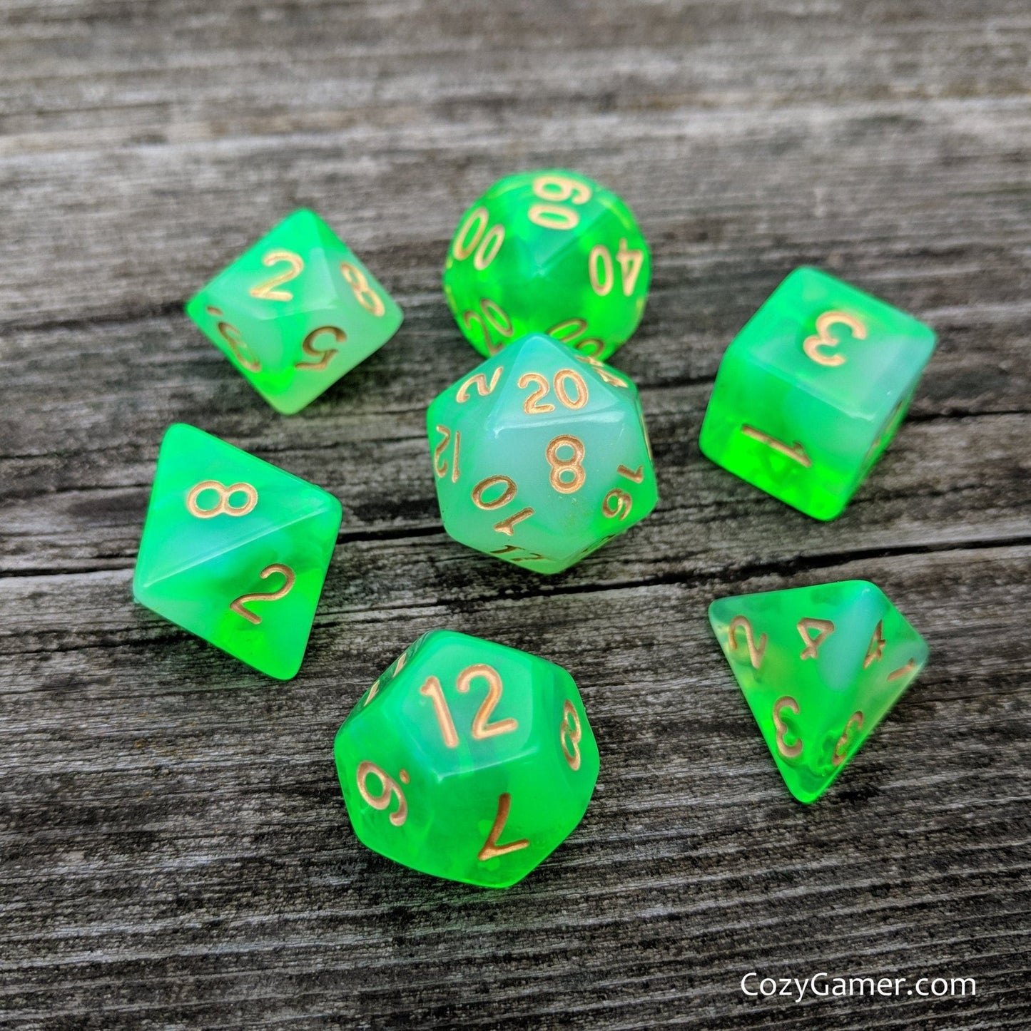 Gaseous Ooze Dice Set – 7 - Piece Green White Semi - Translucent Acrylic DnD Dice - Fennek and Finch